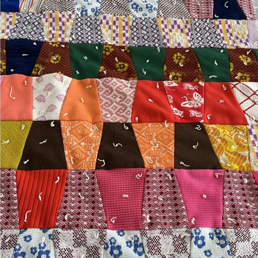 Patchwork Floral Quilt Throw Handmade Cotton Poly Red Black Blue Vintage 70s 80s